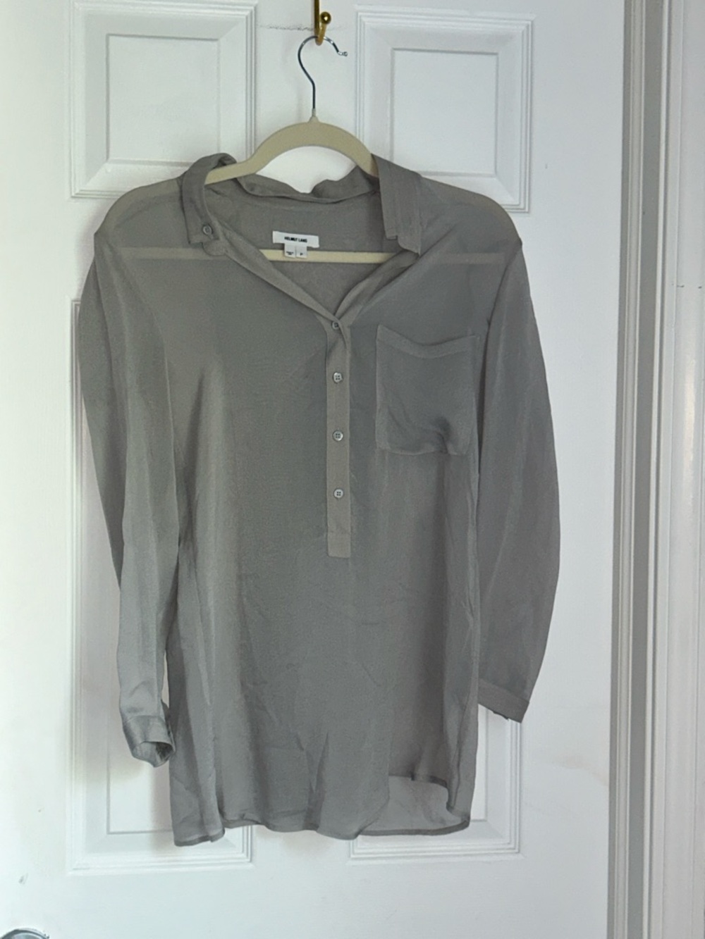 Helmut Lang Sheer Button-Front Long-Sleeve Blouse in Soft Taupe Grey | S